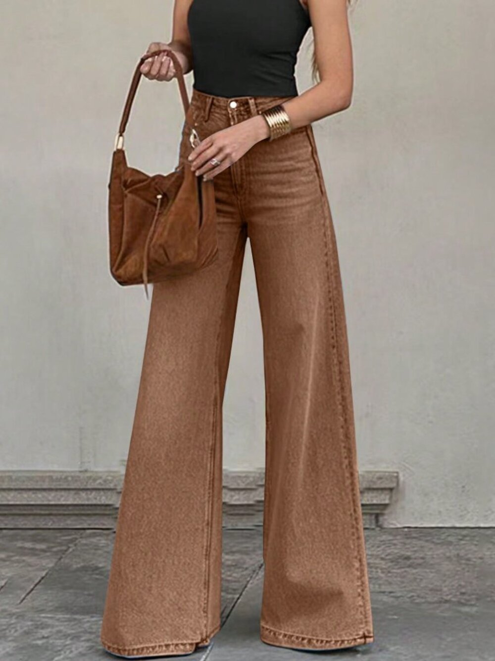 Coffee Brown Casual Women's Wide Leg Pants with Pockets, Zipper Detail